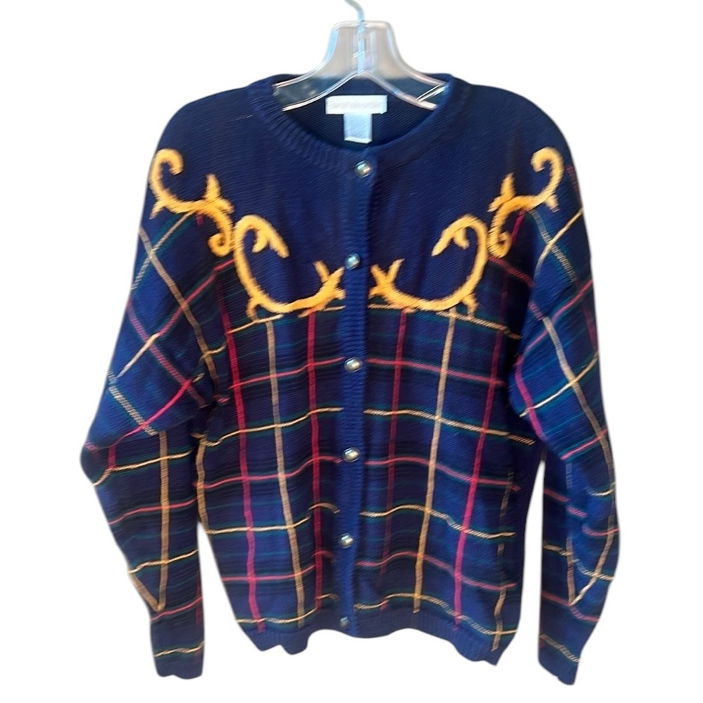 Sarah Alexander Vintage SzL Cotton Ramie Old Money Tartan Plaid Cardigan Sweater